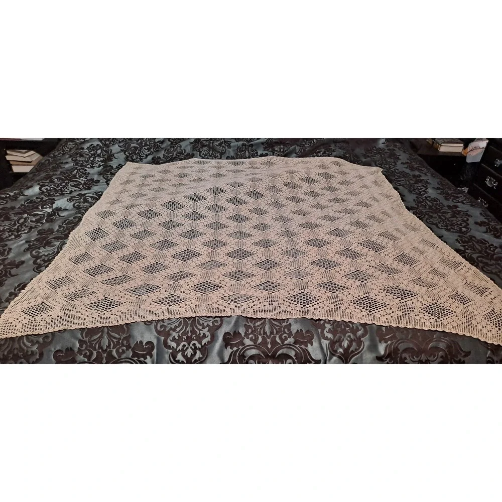 Antique Hand Crocheted Cotton Square Tablecloth 48